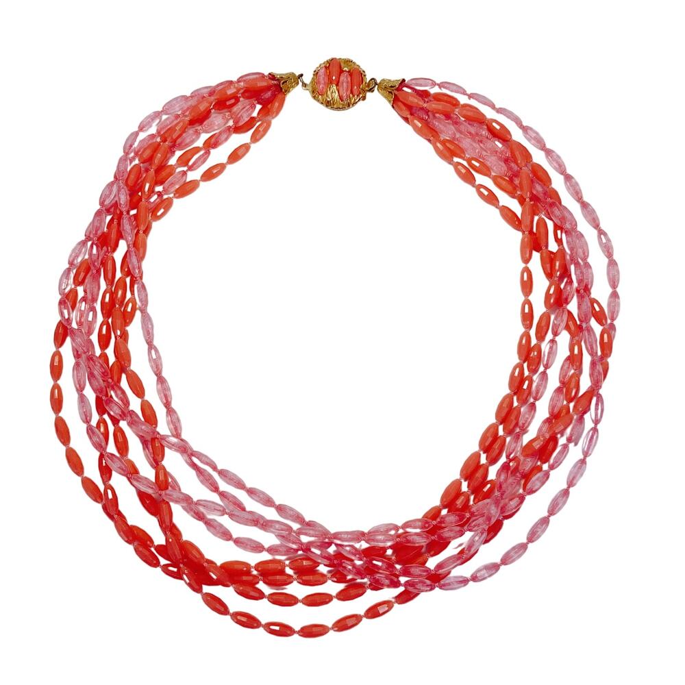 Vintage Lucite Multi-Strand Beaded Necklace with Ornate Clasp, MCM, Pink & Coral